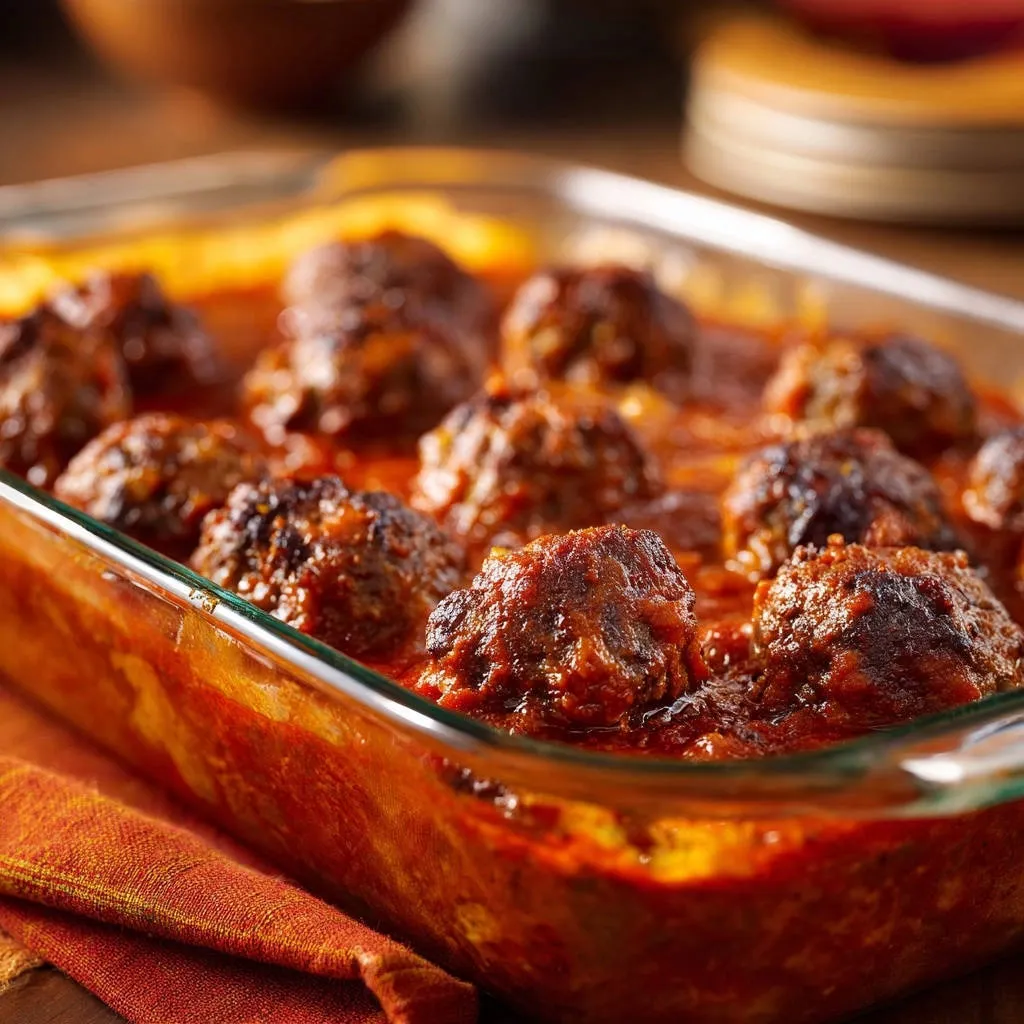 Classic baked meatballs in a glass dish, simmering in rich tomato sauce, ready to serve.