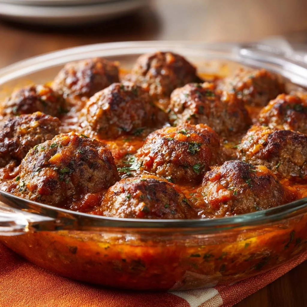 Classic baked meatballs in tomato sauce, shown in a clear baking dish with fresh parsley garnish.