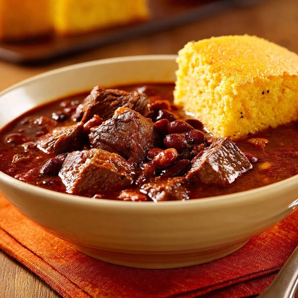 Classic beef and bean chili served in a bowl with a piece of cornbread on the side.
