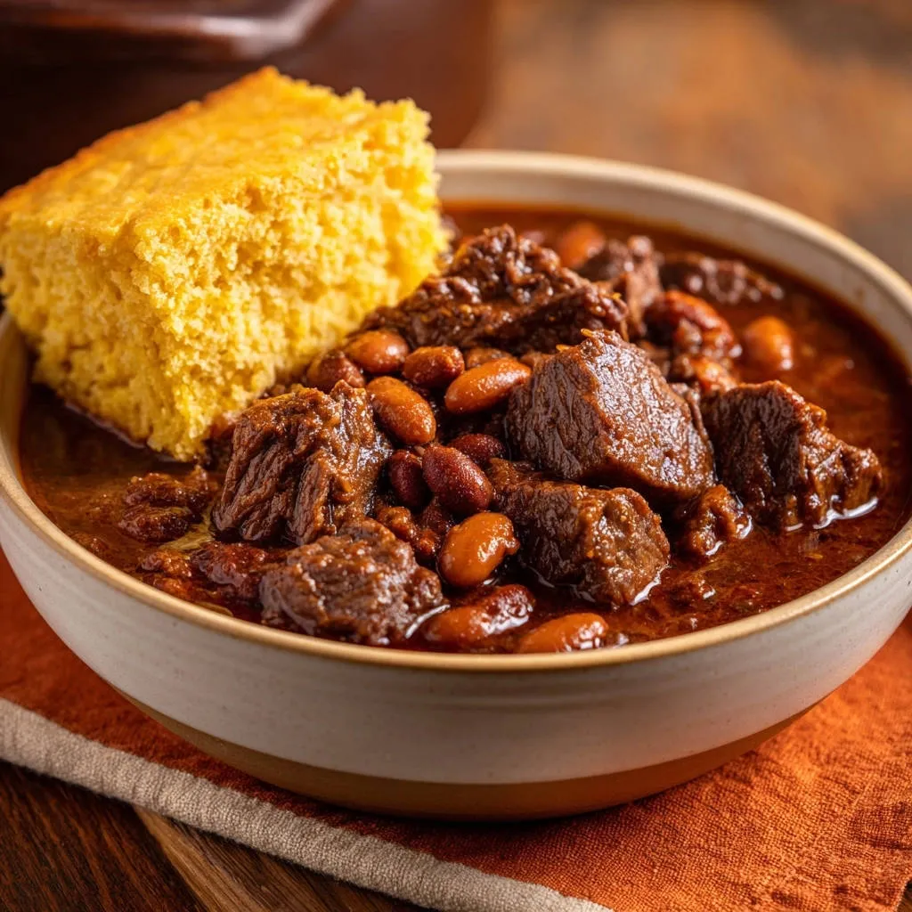 Classic beef and bean chili served in a bowl with a piece of cornbread, showcasing the hearty texture.