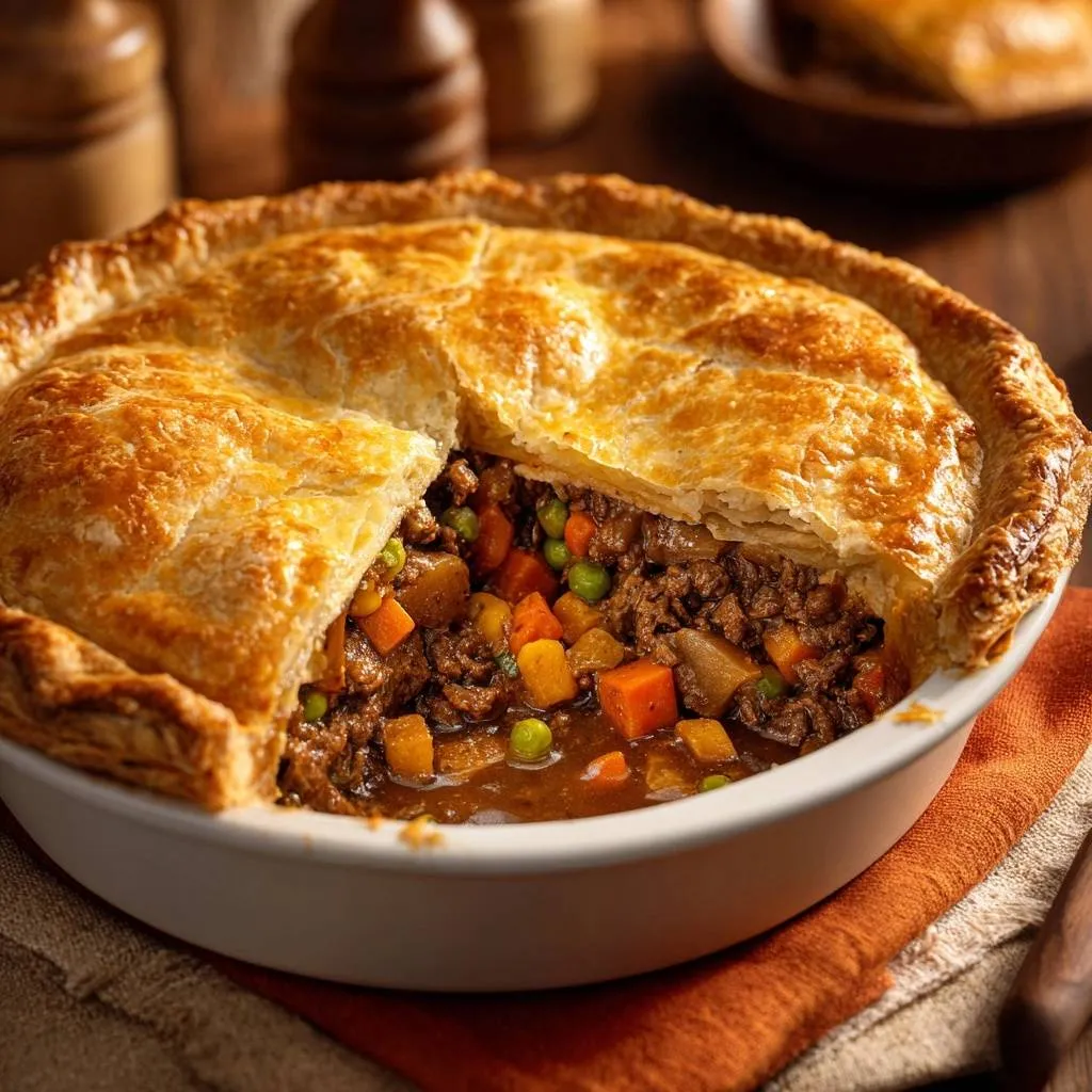 Classic beef pot pie shown in a close-up cross-section, revealing the rich filling with vegetables and flaky crust.
