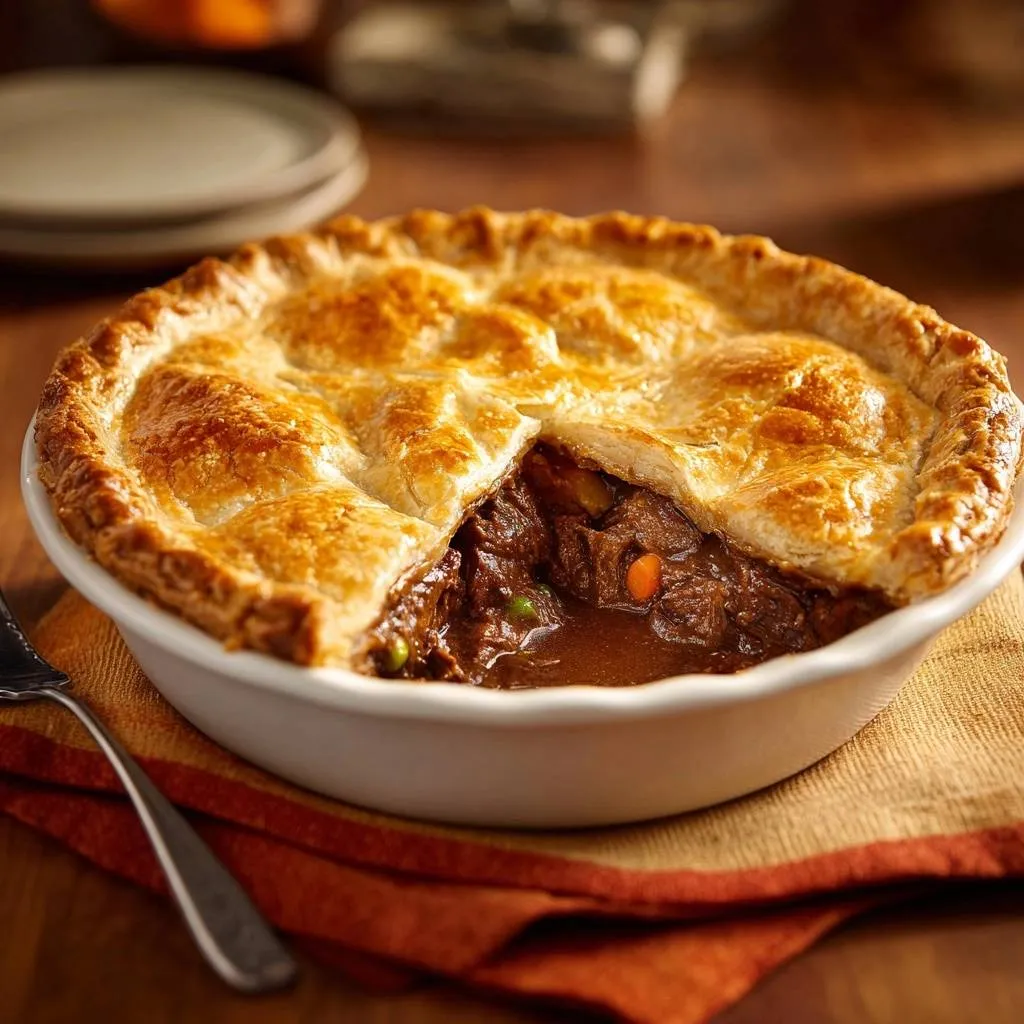 Classic beef pot pie showing a close-up cross-section of the golden crust and rich, hearty filling.