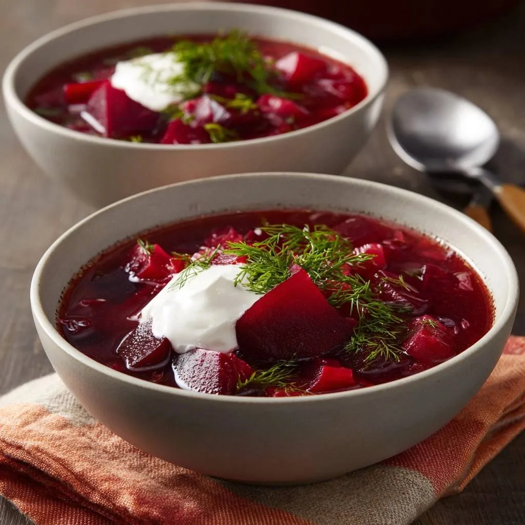 Classic borscht served in two bowls, topped with sour cream, fresh dill, and visible beet chunks.
