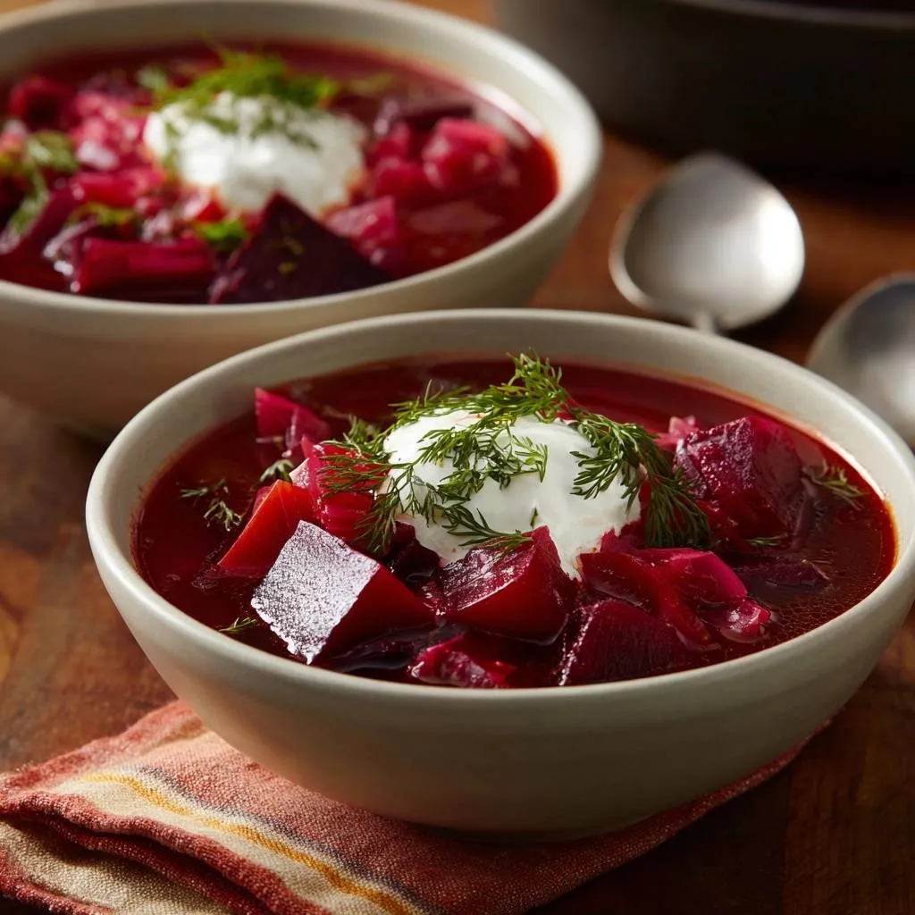 Classic borscht served in two bowls, each topped with a dollop of sour cream and fresh dill garnish.