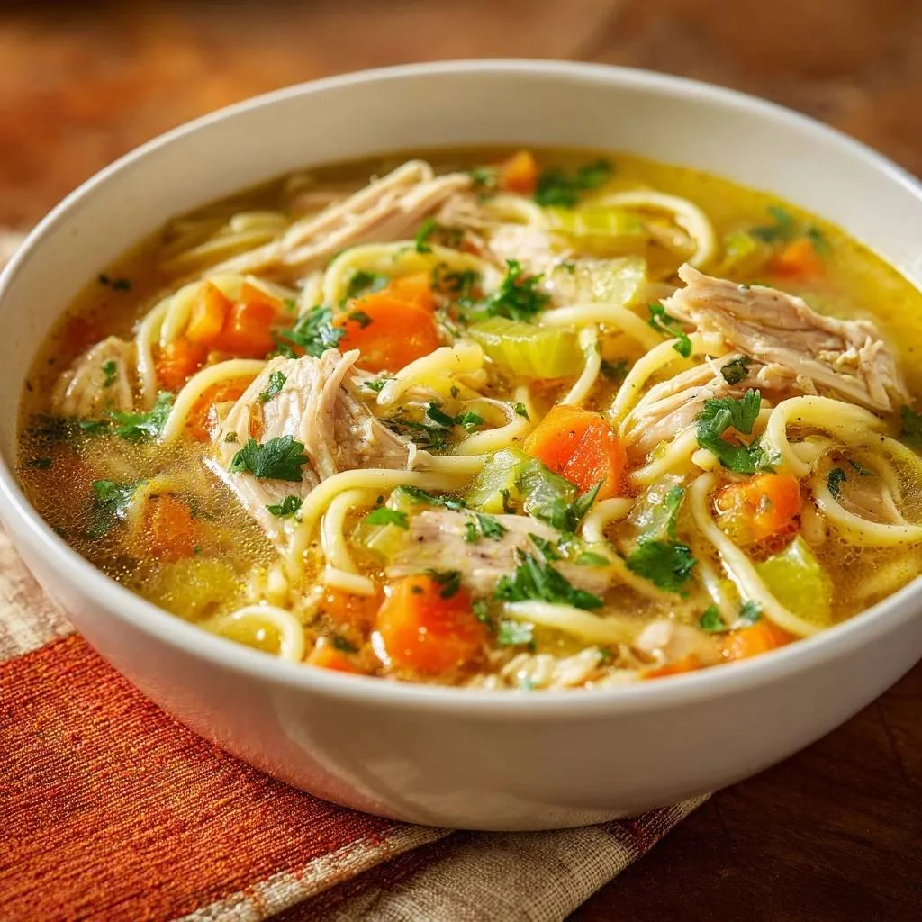 Classic chicken noodle soup in a white bowl, showing noodles, chicken, carrots, and celery up close.