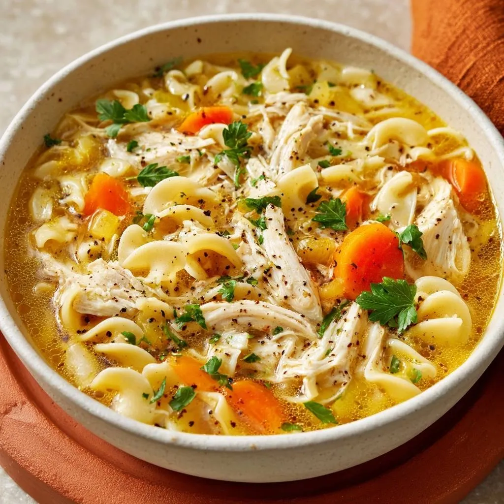 Classic chicken noodle soup with al dente noodles and shredded chicken in a close-up bowl view.