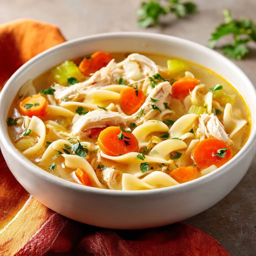 Classic chicken noodle soup in a white bowl, featuring wide noodles, shredded chicken, and sliced carrots with a parsley garnish.