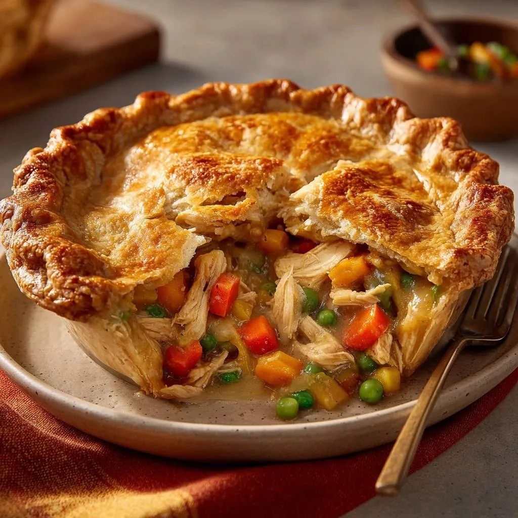 Classic chicken pot pie shown in a close-up cross-section revealing tender chicken and vegetables in a creamy sauce.