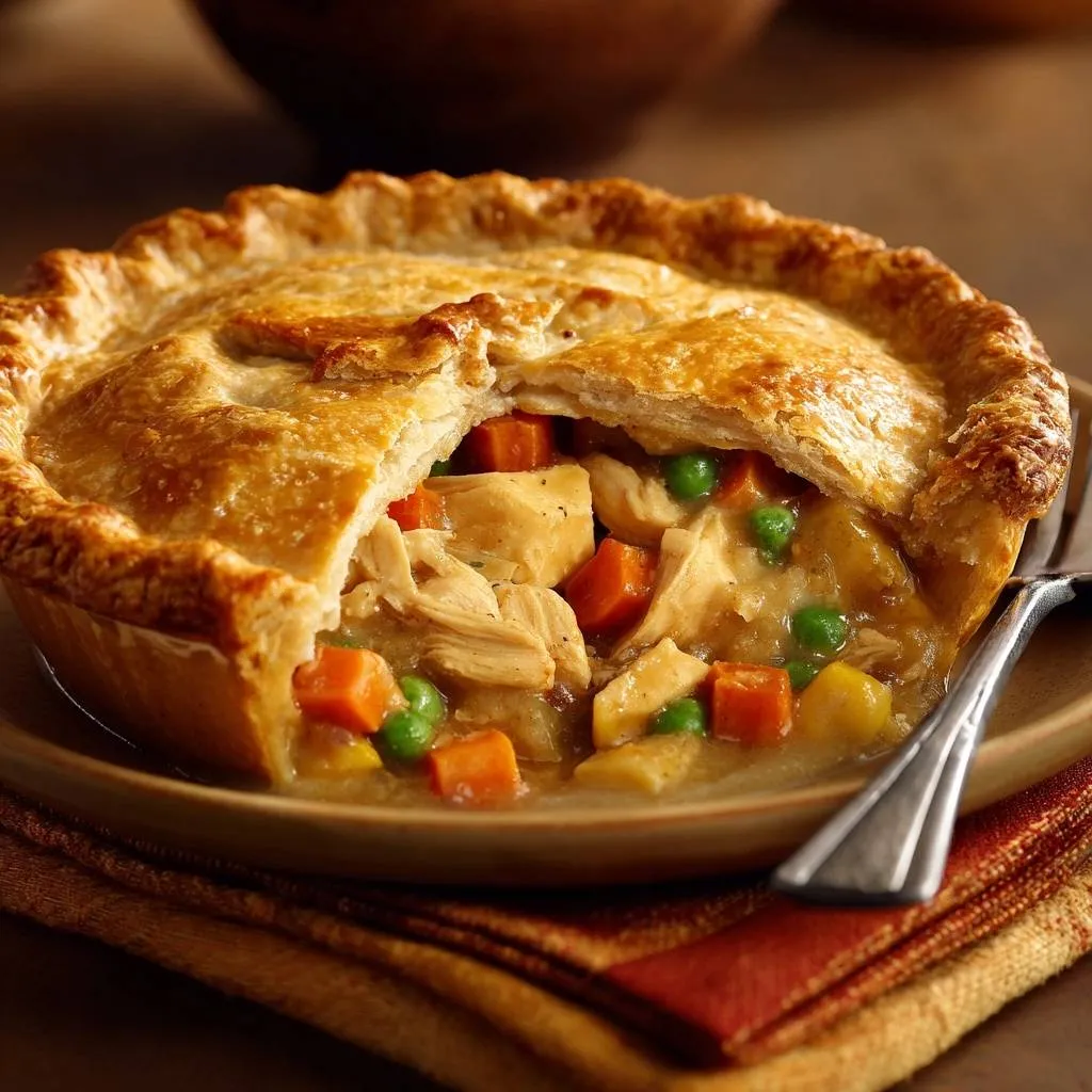 Classic chicken pot pie with a flaky golden crust revealing a hearty chicken and vegetable filling inside.