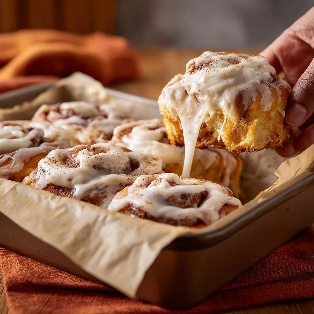 Classic cream cheese cinnamon rolls with a gooey glaze dripping from a lifted roll in a baking pan.
