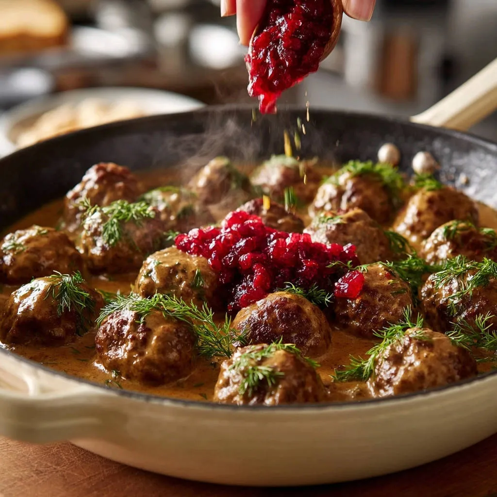 Classic creamy meatballs being topped with a spoonful of vibrant cranberry sauce, garnished with dill.