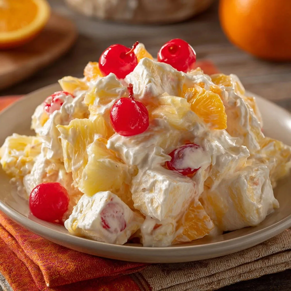 Classic Fruit Fluff Salad with a close-up view of red cherries and creamy pineapple mixture.
