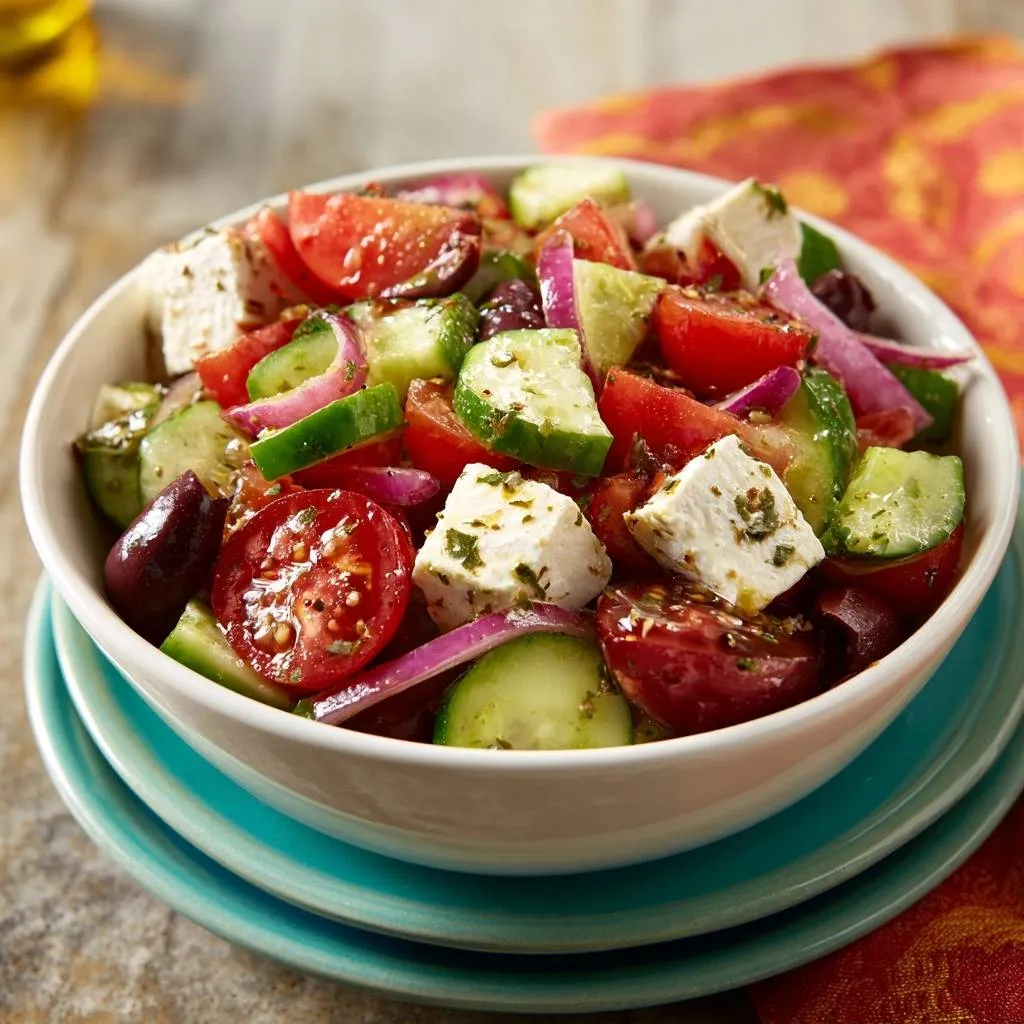 Classic Greek Salad in a white bowl showing chunks of feta, tomatoes, cucumbers, and olives with a light dressing.