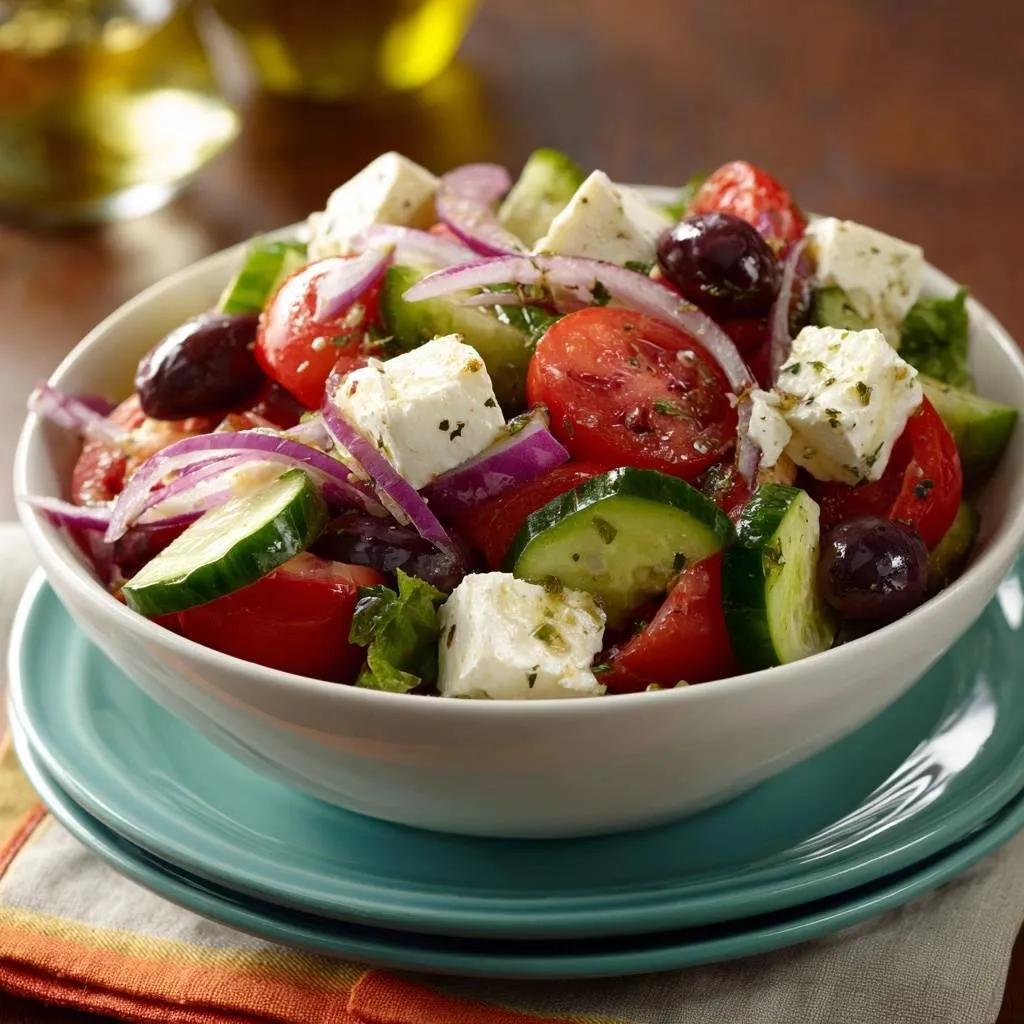 Classic Greek Salad in a white bowl, showcasing feta cheese, tomatoes, cucumbers, red onion, and olives with a light dressing.