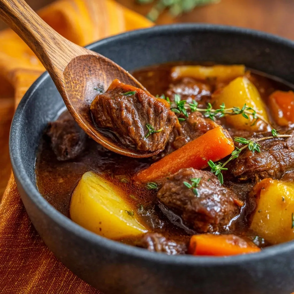 Classic hearty beef stew shown in a close-up spoonful detail, highlighting the tender beef and vegetables.