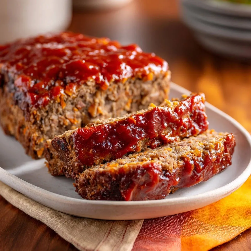 Classic homestyle meatloaf sliced and covered in a glossy red glaze, showing its tender texture.
