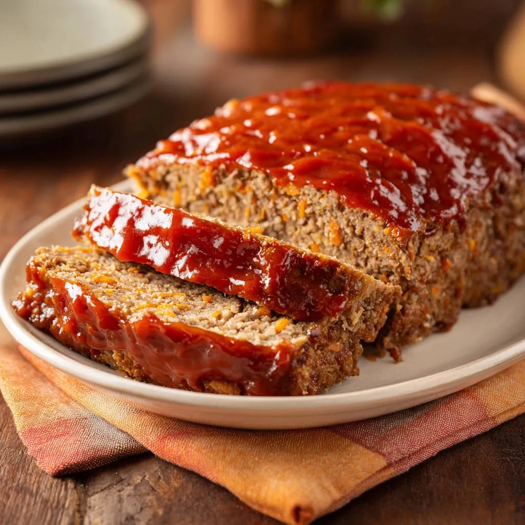 Classic homestyle meatloaf sliced, showing a tender interior and topped with a glossy ketchup glaze.