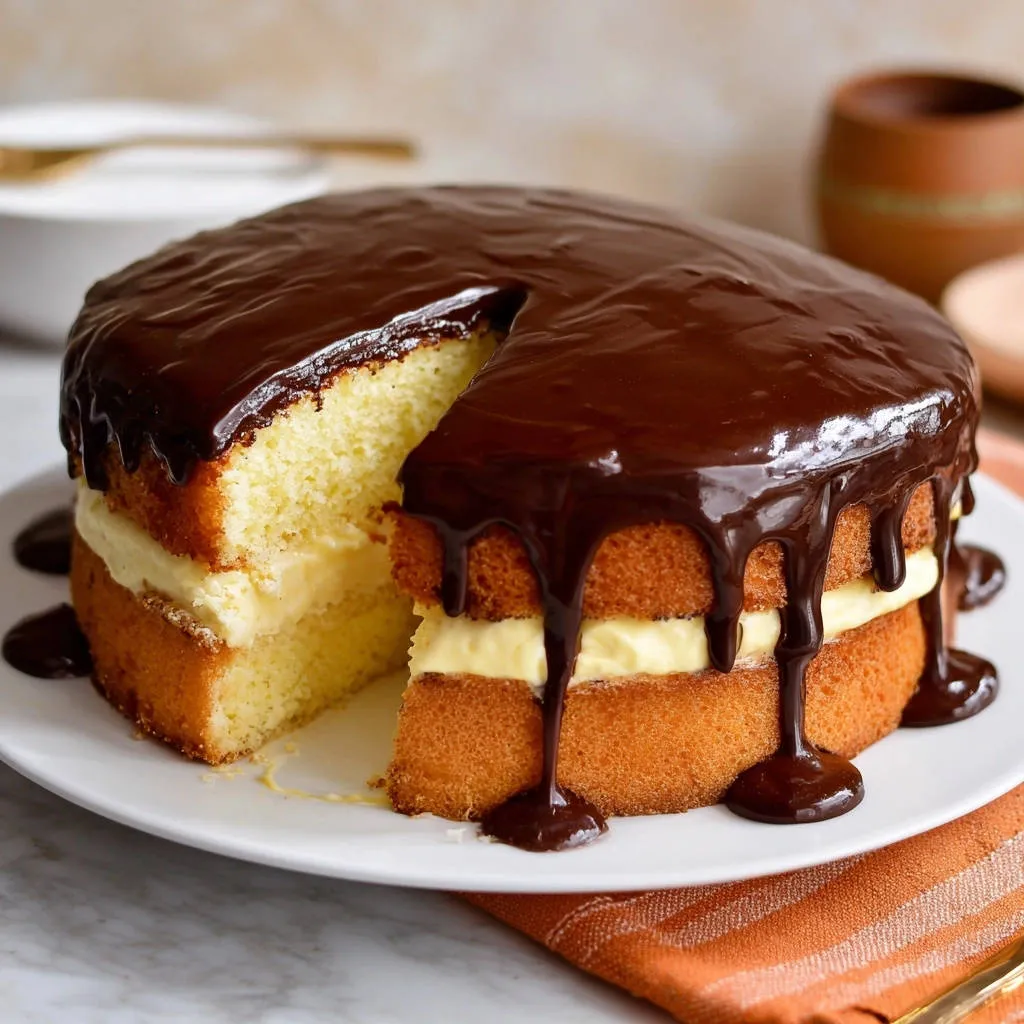 Classic yellow layer cake with chocolate glaze, showing a detailed cross-section with creamy filling and moist crumb.