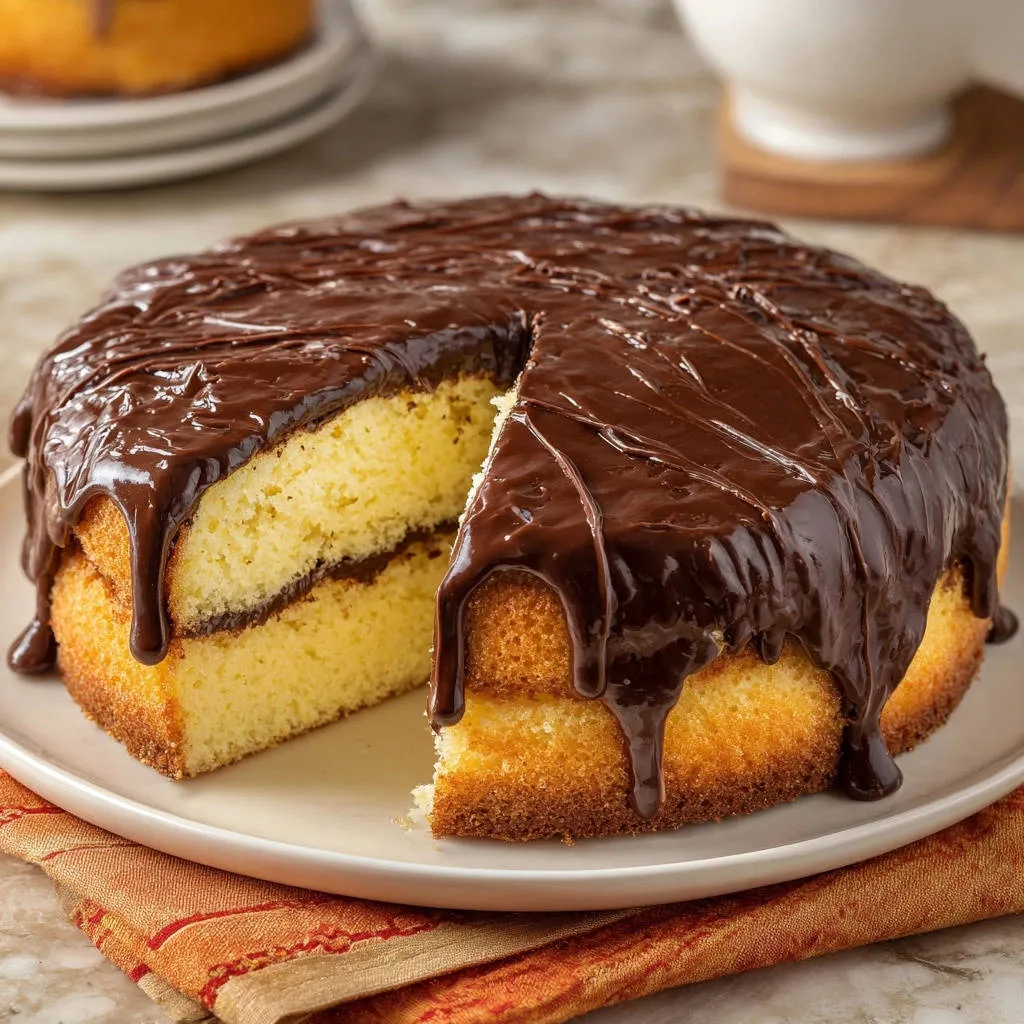 Classic yellow layer cake with chocolate glaze, shown with a slice removed to reveal its moist crumb and filling.
