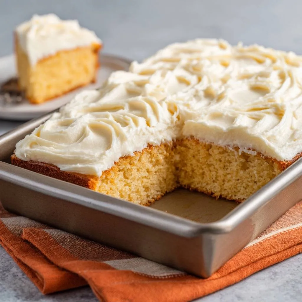 Classic yellow sheet cake, generously frosted with fluffy white icing, shown in a baking pan with one slice removed.