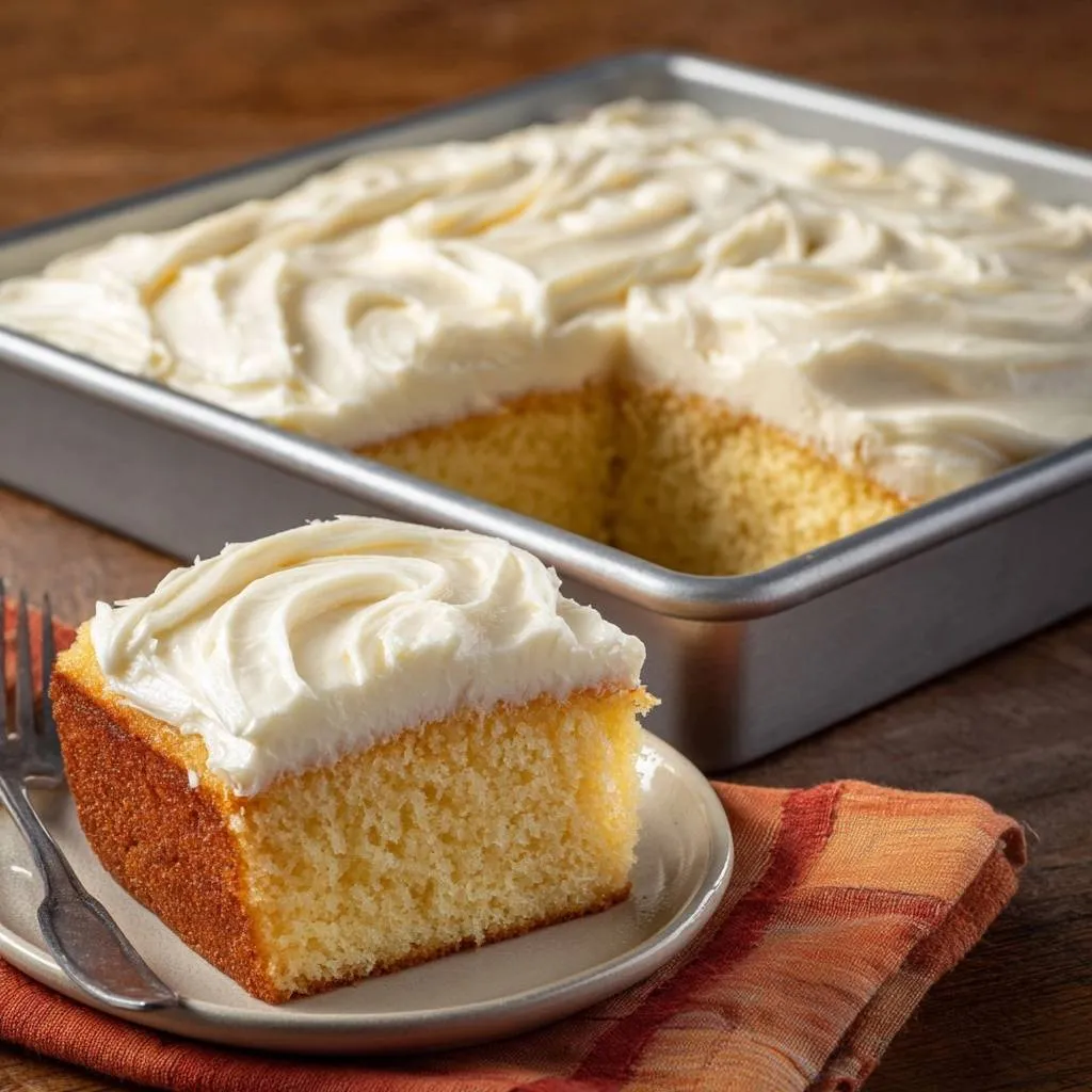 Classic yellow sheet cake served as a single slice on a plate with a fork and frosting swirl.
