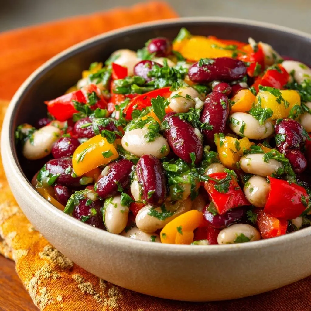 Colorful bean pepper salad shown in a close-up view of a rustic bowl, featuring kidney beans, white beans, and chopped bell peppers.
