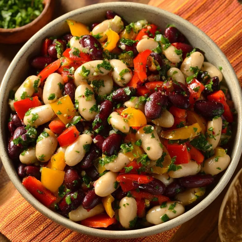 Colorful bean pepper salad shown up close in a rustic bowl, featuring a mix of white and kidney beans with diced red and yellow bell peppers and fresh parsley.