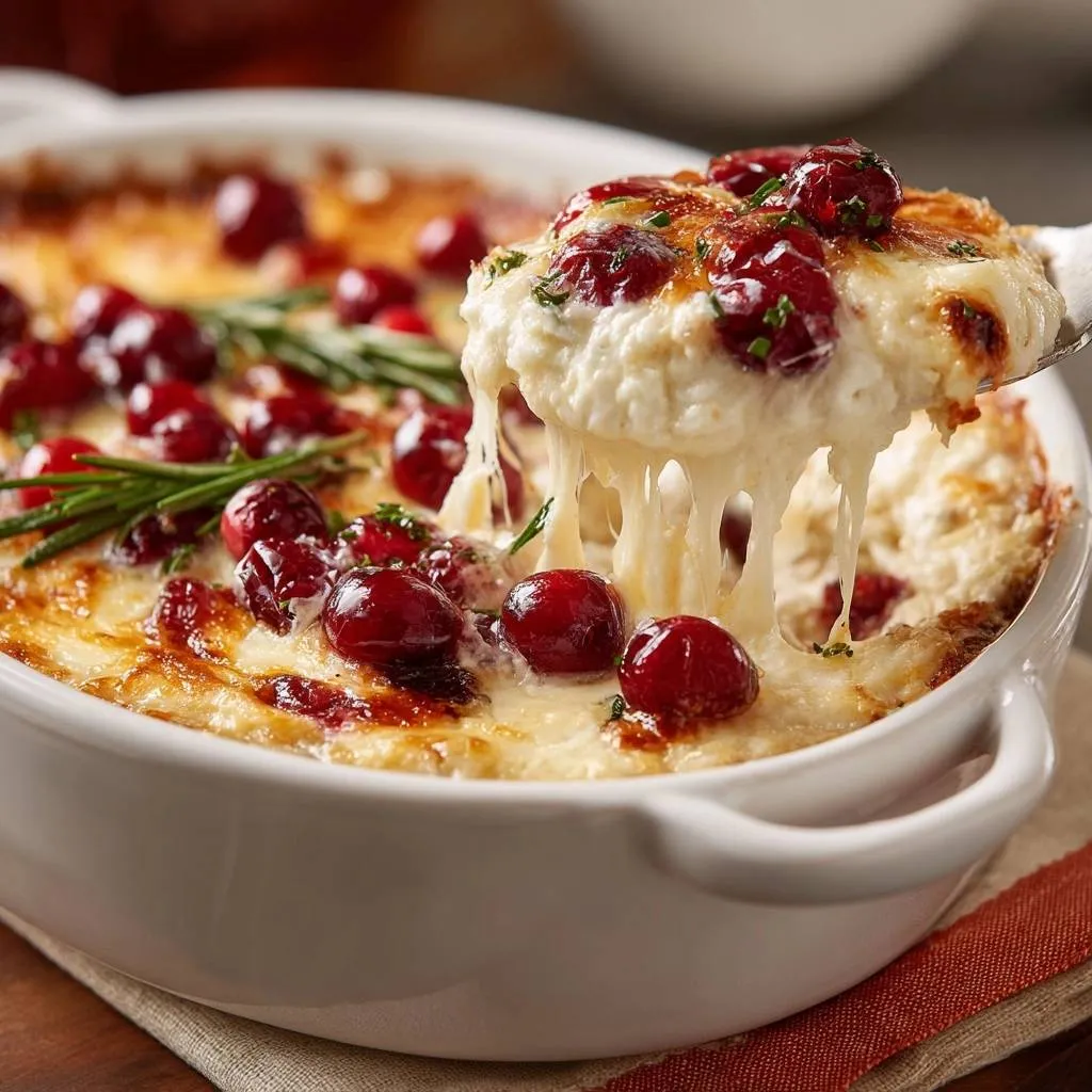 Cranberry baked brie with stretchy cheese pull and fresh cranberries, showcasing a decadent serving.