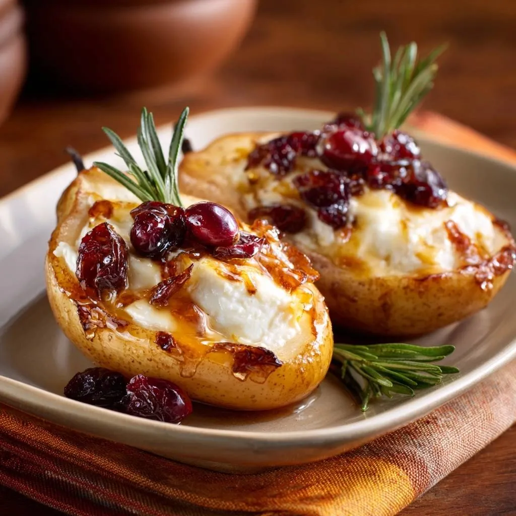 Cranberry Brie Baked Pears plated with fresh rosemary sprigs and a drizzle of glaze, showcasing the creamy filling and fruit topping.