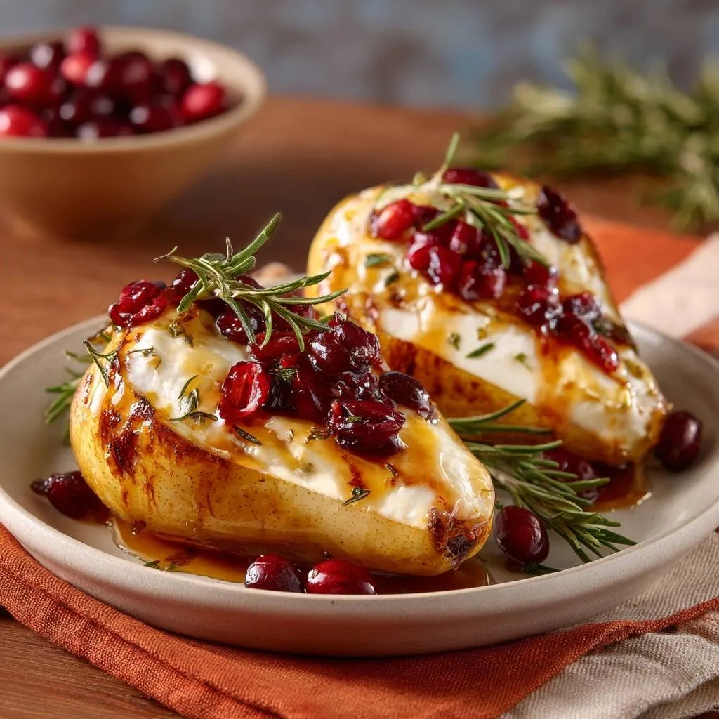 Cranberry Brie Baked Pears plated and garnished with fresh rosemary and cranberries, showing a rich glaze.