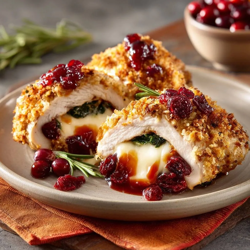 Cranberry Brie Stuffed Chicken Breasts shown in a close-up cross-section revealing a cheesy, spinach-filled interior.