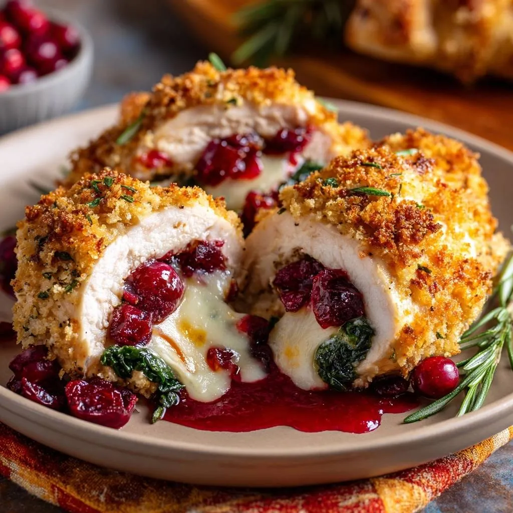 Cranberry Brie Stuffed Chicken Breasts shown in a cross-section revealing melted cheese and cranberries.