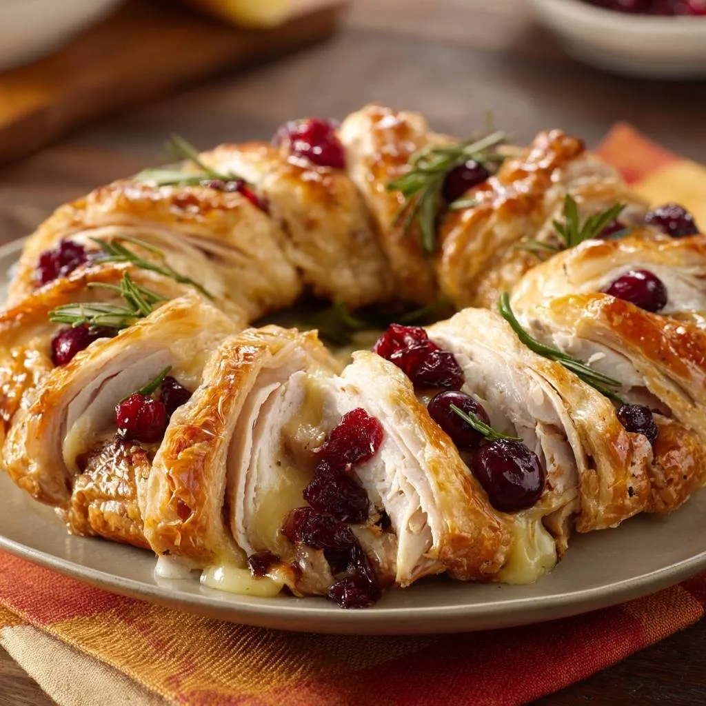 Cranberry Brie Turkey Wreath sliced to reveal a golden puff pastry with tender turkey, melted brie and tart cranberries.