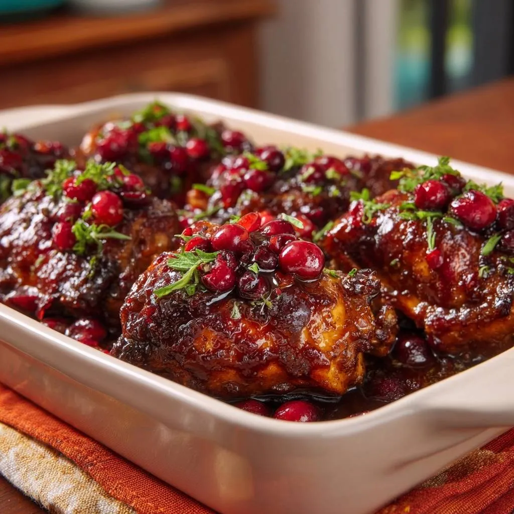 Cranberry glazed chicken thighs are shown in a baking dish, topped with fresh cranberries and parsley garnish.