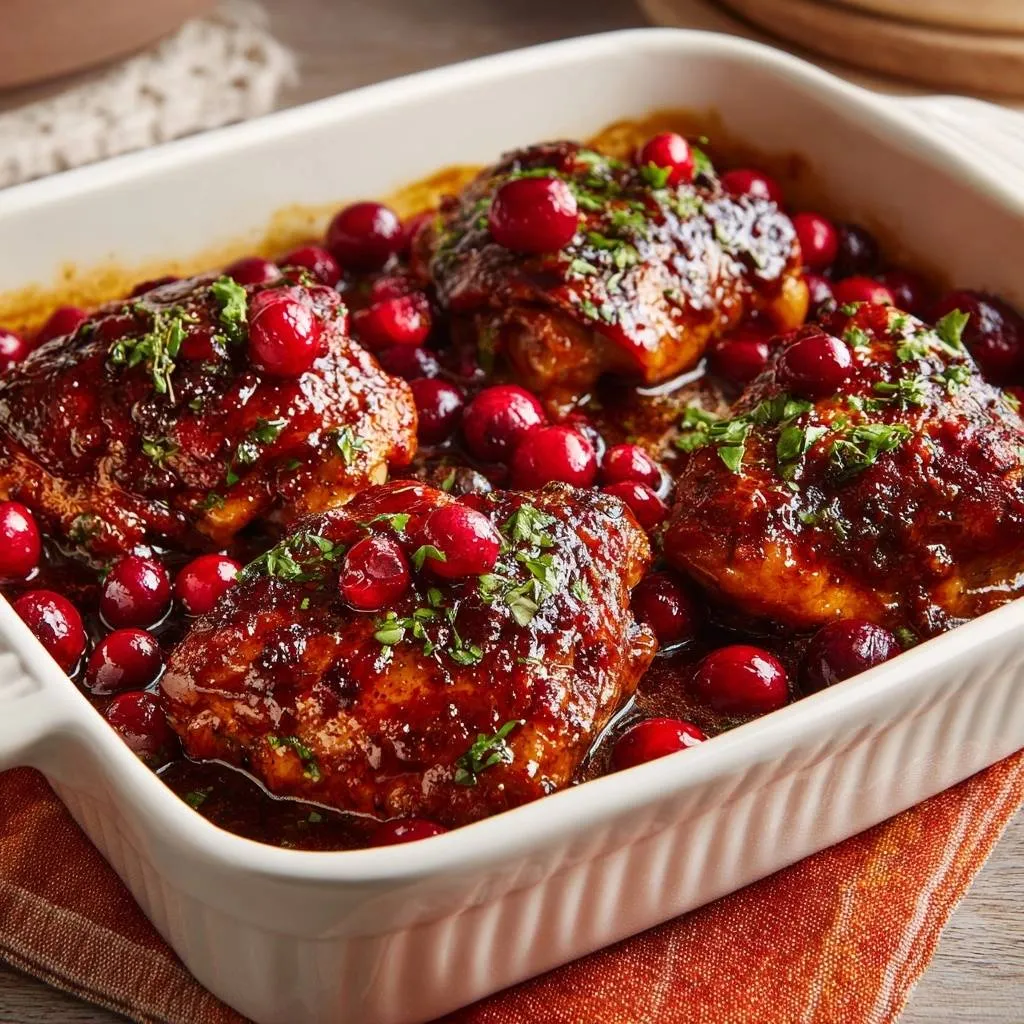 Cranberry glazed chicken thighs baked in a white dish, topped with fresh cranberries and parsley.