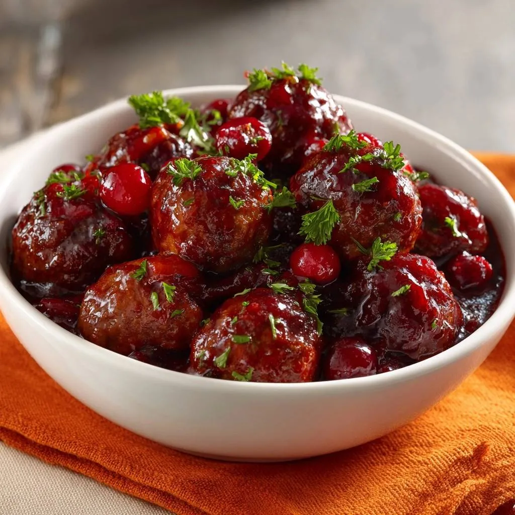 Cranberry glazed meatballs glistening in a white bowl, topped with fresh parsley and whole cranberries.