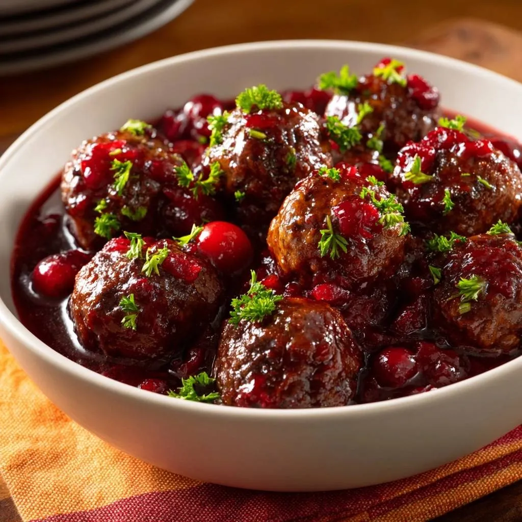 Cranberry glazed meatballs glistening in a rich sauce, garnished with parsley and whole cranberries in a white bowl.
