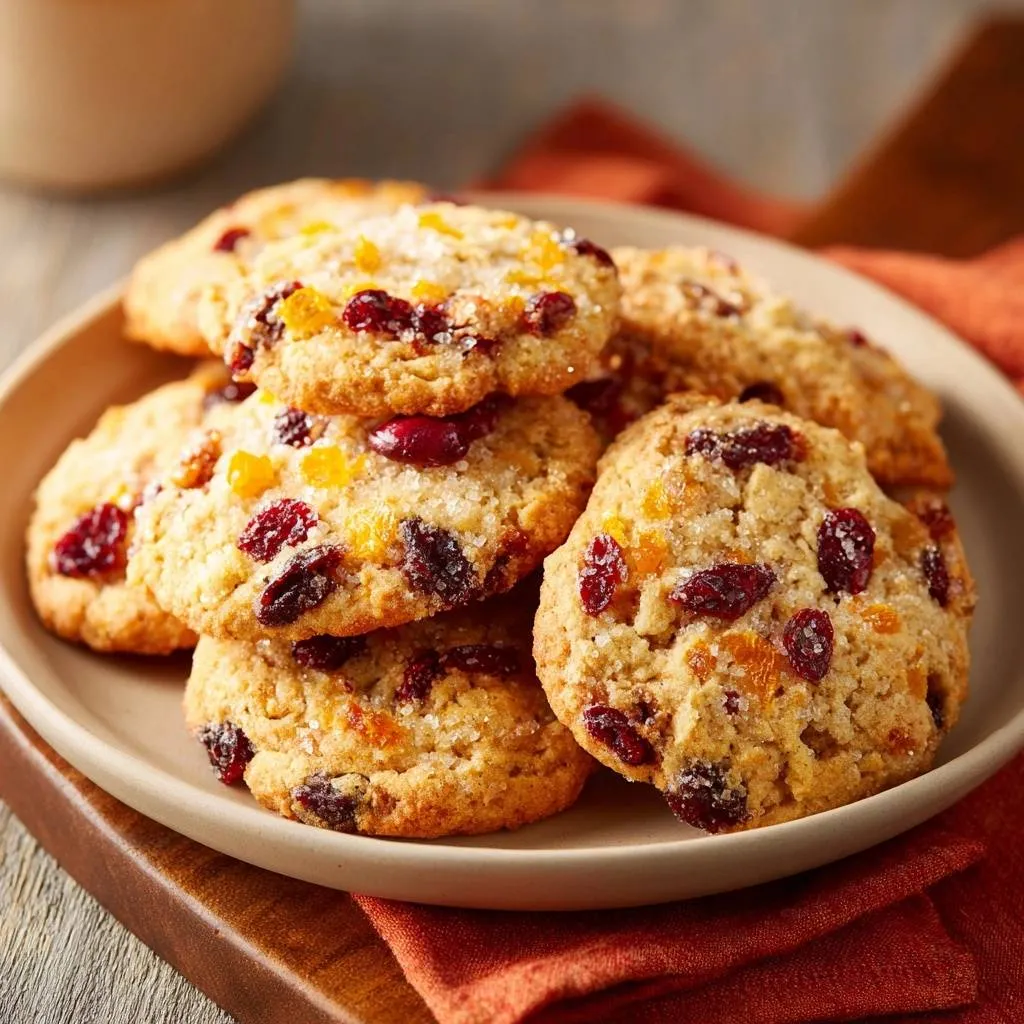 Cranberry orange shortbread cookies are piled up on a plate, showcasing their textured surface and dried fruit inclusions.