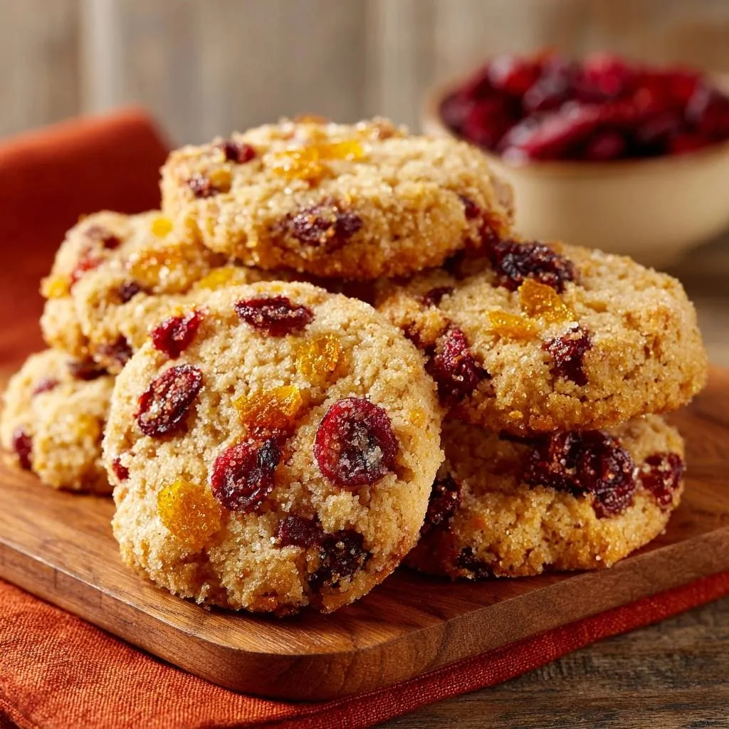 Cranberry orange shortbread cookies are stacked on a wooden board with dried cranberries in the background.