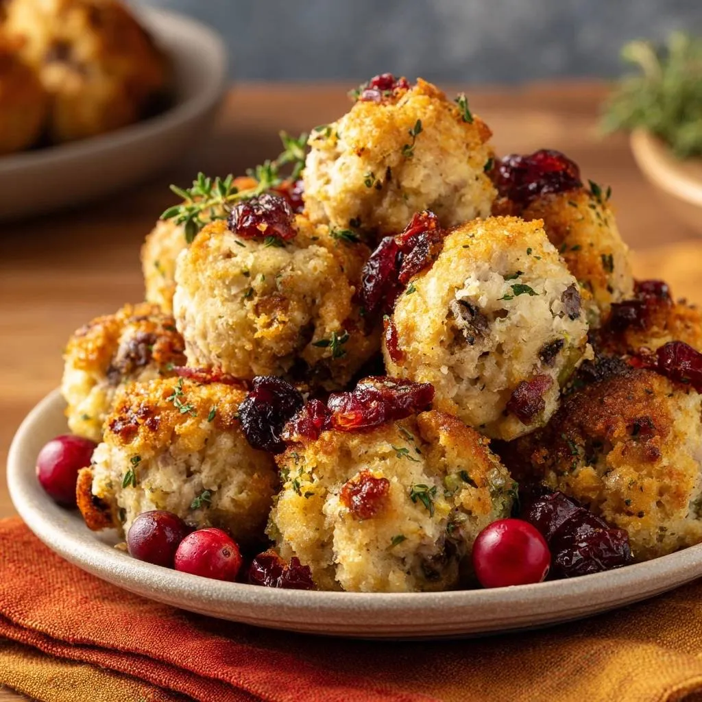 Cranberry thyme stuffing balls with a crispy coating piled high and garnished with fresh cranberries and thyme.
