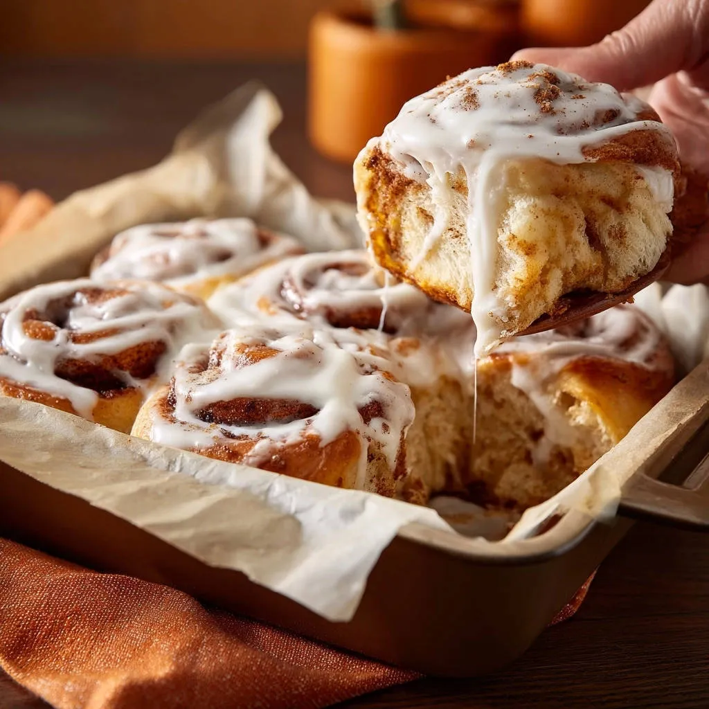 Classic cream cheese cinnamon rolls with gooey frosting dripping from a lifted roll.