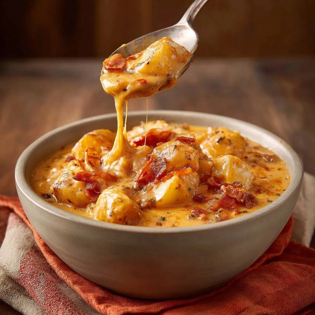Creamy bacon cheddar potato soup shown with a spoonful being lifted, revealing a delicious cheese pull.