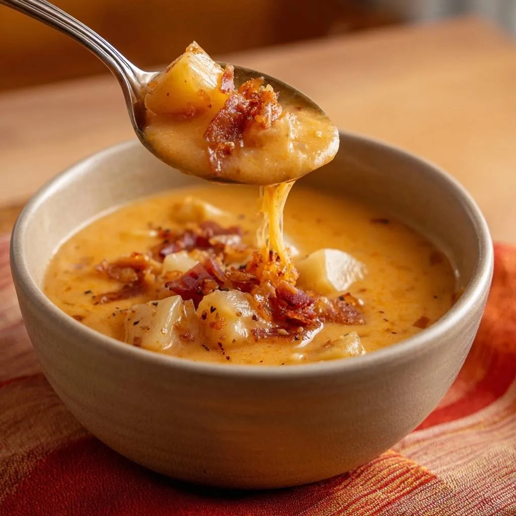 Creamy Bacon Cheddar Potato Soup showing a spoonful with a cheese pull and bacon topping.
