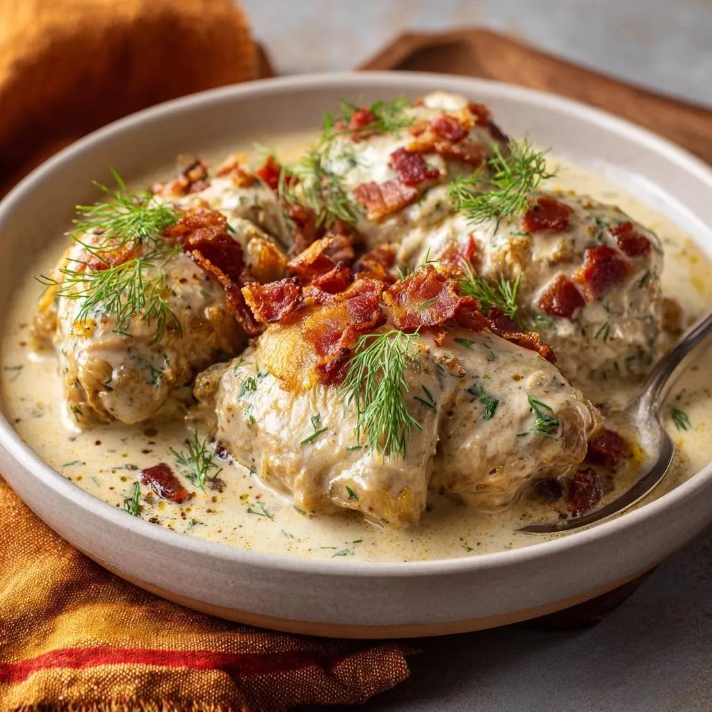 Creamy bacon dill chicken served in a bowl, generously garnished with fresh dill and crispy bacon pieces.