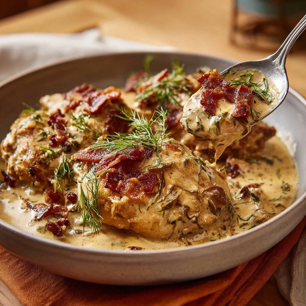 Creamy bacon dill chicken served in a bowl, with a spoonful lifting out the herb-sauced chicken and bacon topping.
