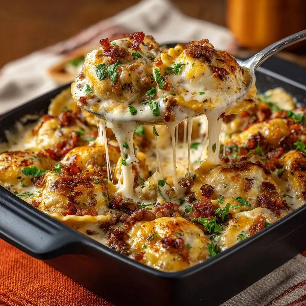 Creamy bacon ravioli bake shown with a spoonful lifting to reveal a satisfying cheese pull and crispy bacon topping.