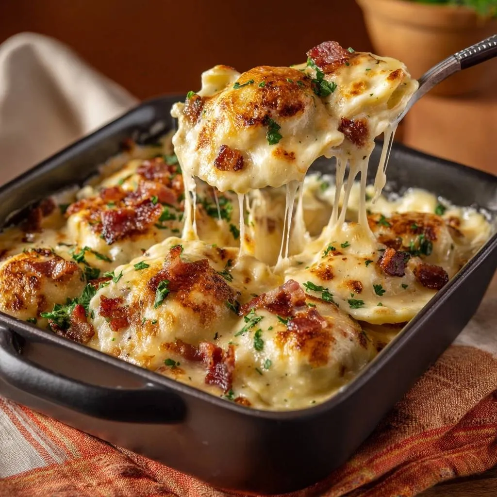 Creamy bacon ravioli bake being lifted with a spoon, showing long strands of melted cheese.
