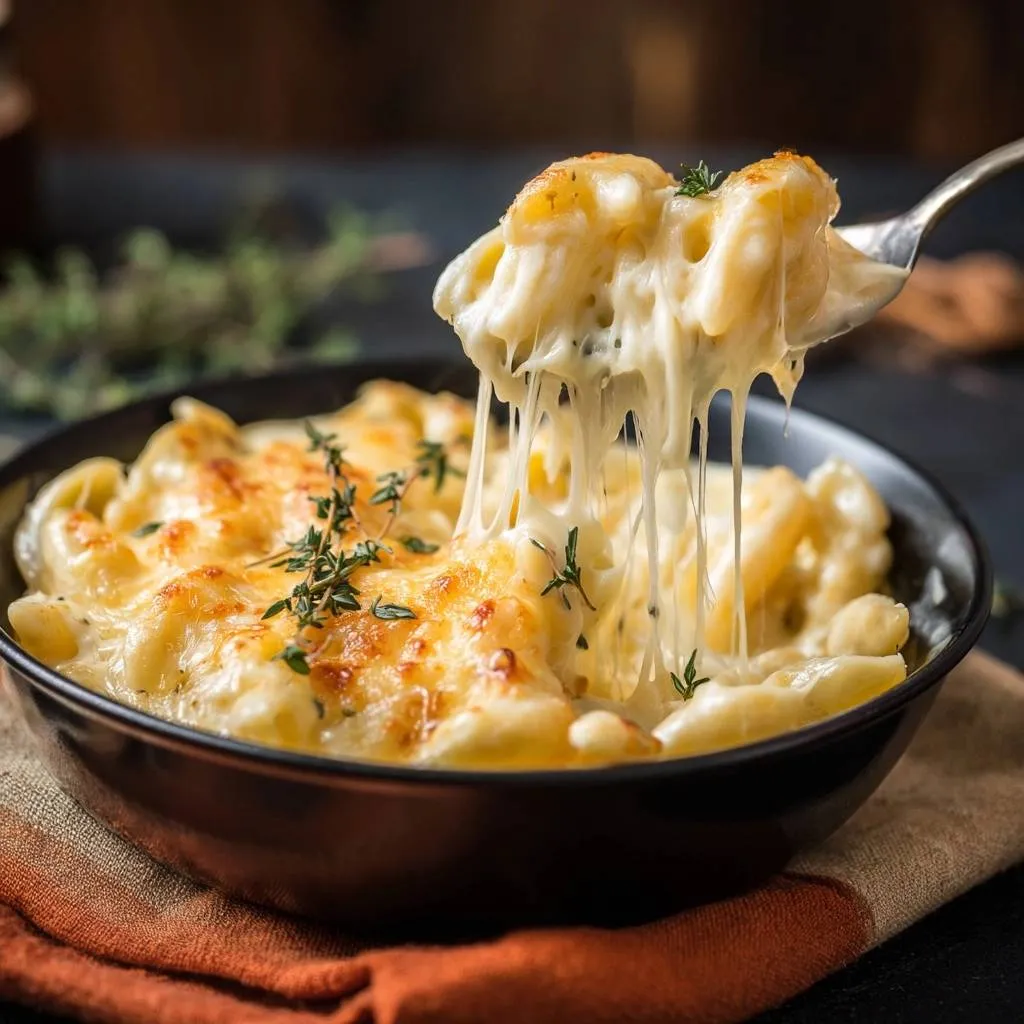 Creamy baked mac and cheese with a gooey cheese pull shown on a fork, garnished with fresh thyme sprigs.