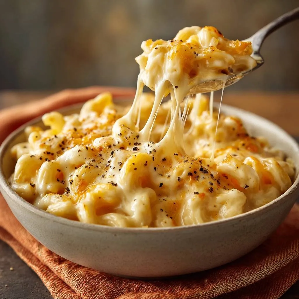 Creamy baked mac and cheese with a gooey cheese pull being lifted by a spoon.