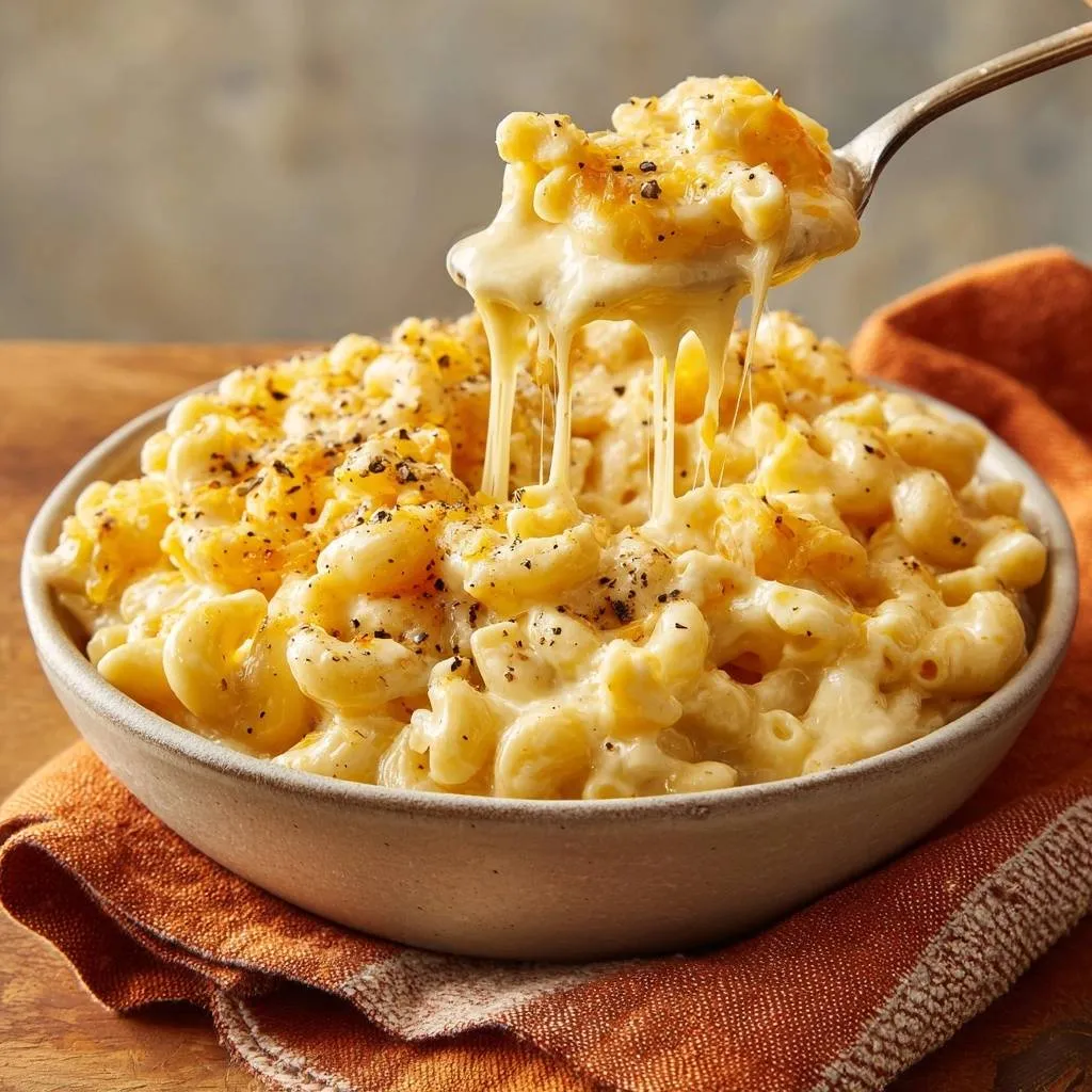 Creamy baked mac and cheese with a spoonful pulling away, showing melted cheese strands.